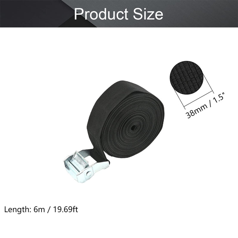 MroMax 1.5" Width x 19.69ft Length Lashing Straps Polypropylene Cam Buckle Lashing Straps 300Kg Load Cargo Tie Down Strap 38mm x 6m for Moving Cargo Black Tone 1Pc