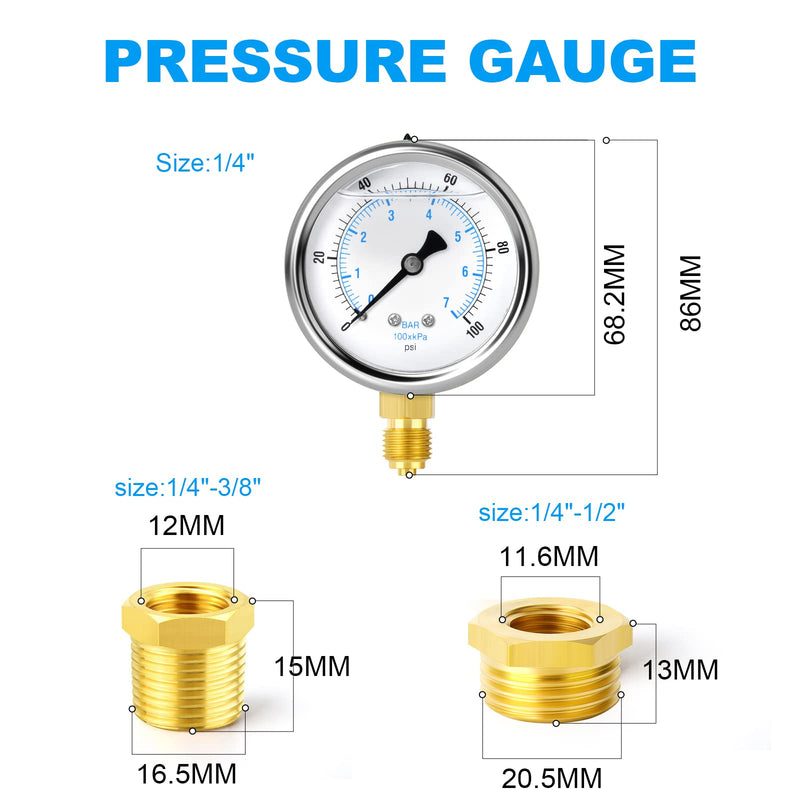 ERGAOBOY 0-7 Bar Stainless Steel 1/4" BSP 2.5" Inch FACE DIAL Liquid Filled Pressure Gauge WOG Water Oil Gas Lower Mount Lower Mount