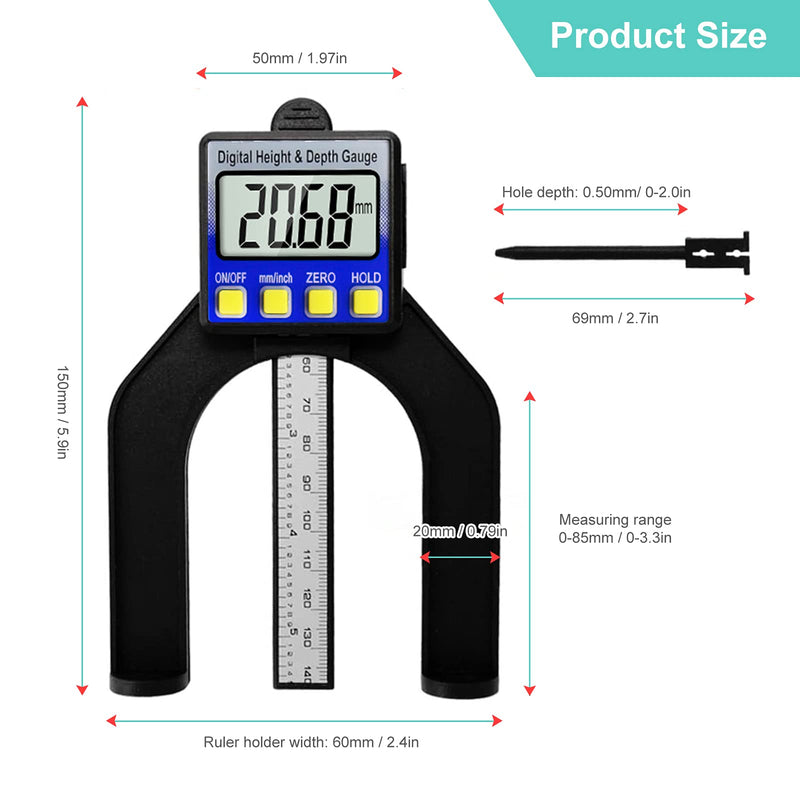 RUIZHI Digital Depth Gauge Altimeter 0-85 mm Profile Depth Gauge LCD Display Digital Caliper for Woodworking Mechanical Engineering with Magnets