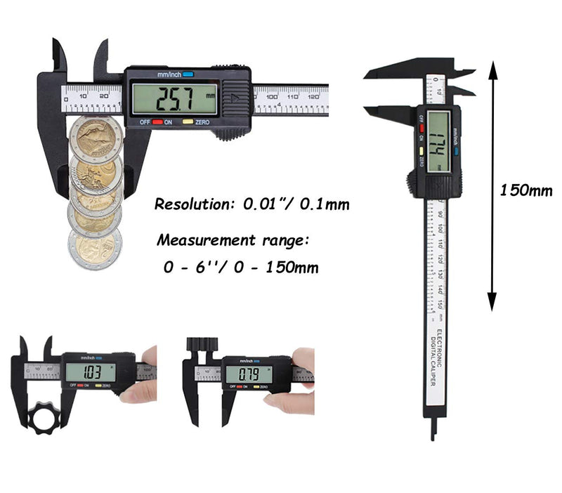 Yansanido Digital Caliper 0-6" (0-150mm) Calipers Measuring Tool plastic Vernier Caliper with Large LCD Screen Inch/mm Conversion Auto-Off Perfect for Household DIY Measurment (Black White)