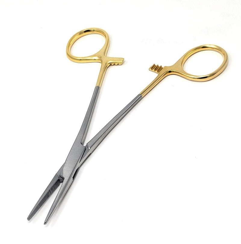 Mosquito Hemostat Locking Forceps 5" Straight with Full Serrated Jaws Ideal for Clamping, Fishing, Firefighters Nurses Doctors + More (Gold Handle) Gold Handle