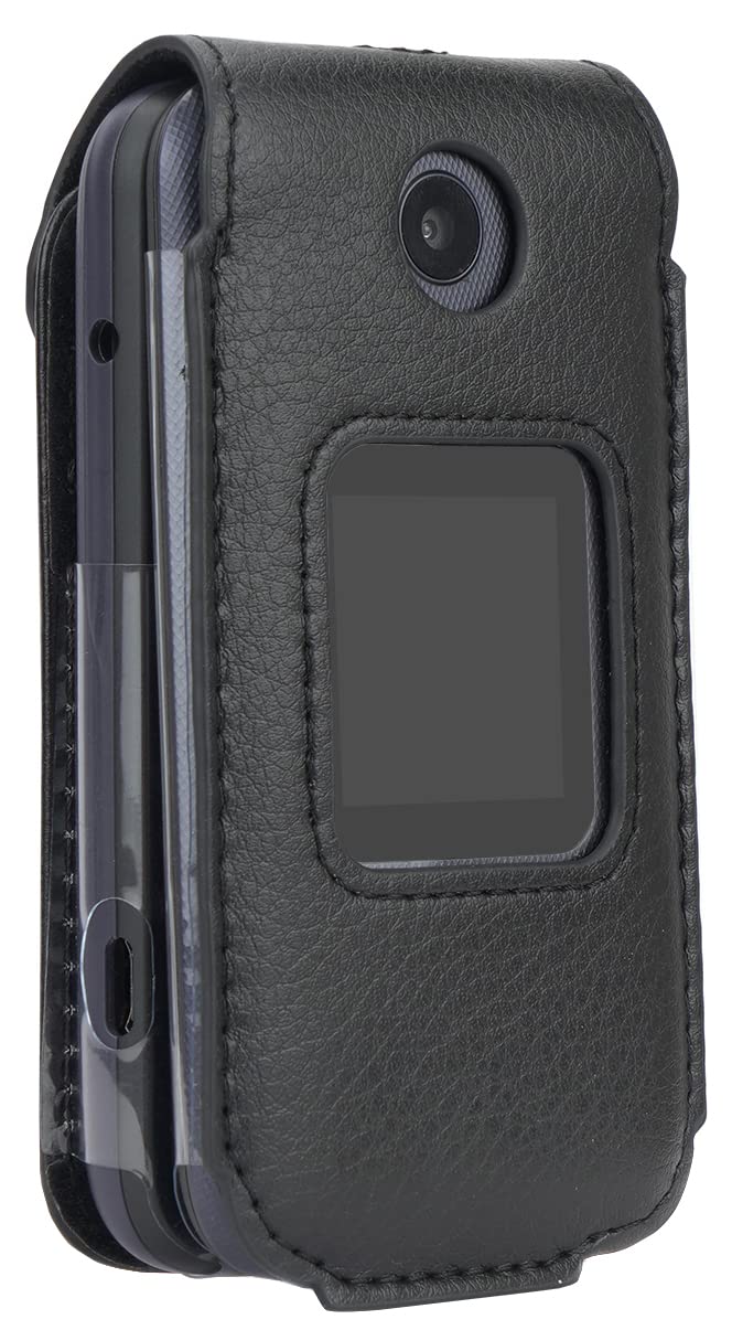 Case for Alcatel Go Flip 4 / TCL Flip Pro Phone, Nakedcellphone [Black Vegan Leather] Form-Fit Cover with [Built-in Screen Protection] and [Metal Belt Clip]