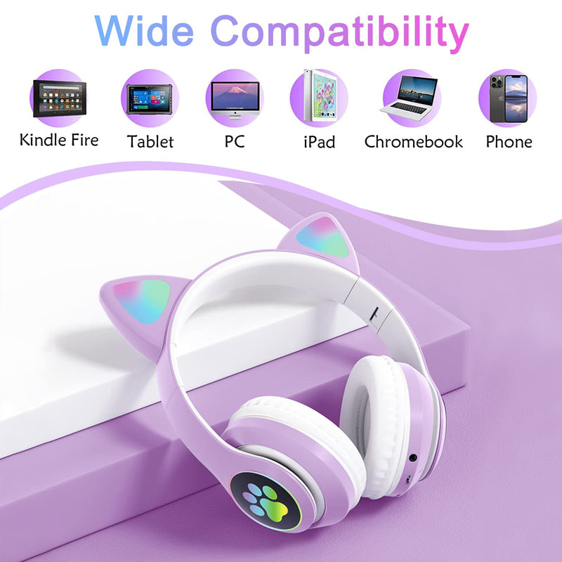 Kids Headphones, TOKANI Bluetooth Wireless Headphones for Kids Teens Adults, Over-Ear Bluetooth Headphones with Microphone, Cat Ear Headphones for Girls Women (Purple)
