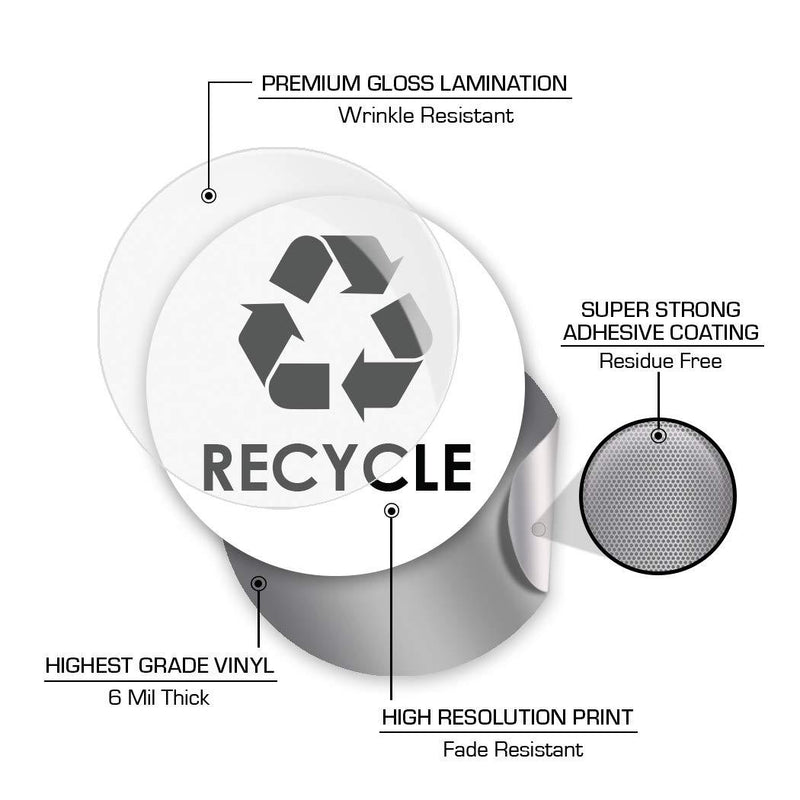 Recycle Trash Bin Logo Sticker - 4" x 4" - Organize & Coordinate Garbage Waste from Recycling - Great for Metal Aluminum Steel or Plastic Trash Cans - Indoor & Outdoor - Use at Home Kitchen & Office (4 Pack) White/Black