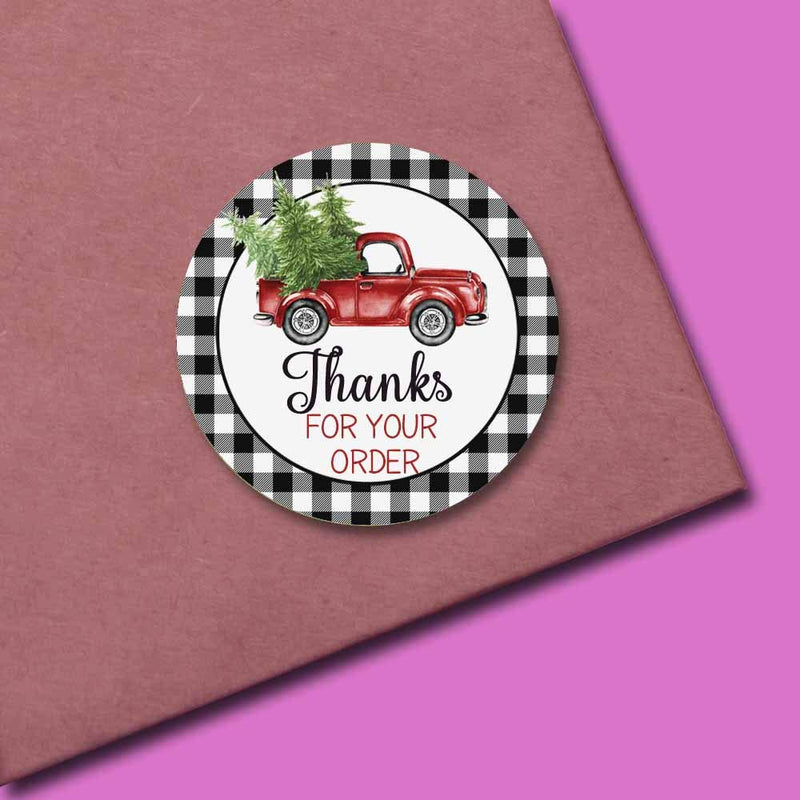 Black Buffalo Plaid & Red Truck Christmas Thank You Customer Appreciation Sticker Labels for Small Businesses, 60 1.5" Circle Stickers by AmandaCreation, for Envelopes, Postcards, Direct Mail, More!