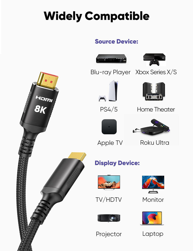 8K HDMI Cable 2.1 10FT/3M 48Gbps, Snowkids 48Gbps High Speed 3D 8K60 4K120 144Hz Braided HDMI Cord eARC Dolby Vision HDR10 HDCP 2.2&2.3 Compatible with Roku TV/PS5/HDTV/Blu-ray Black 10feet