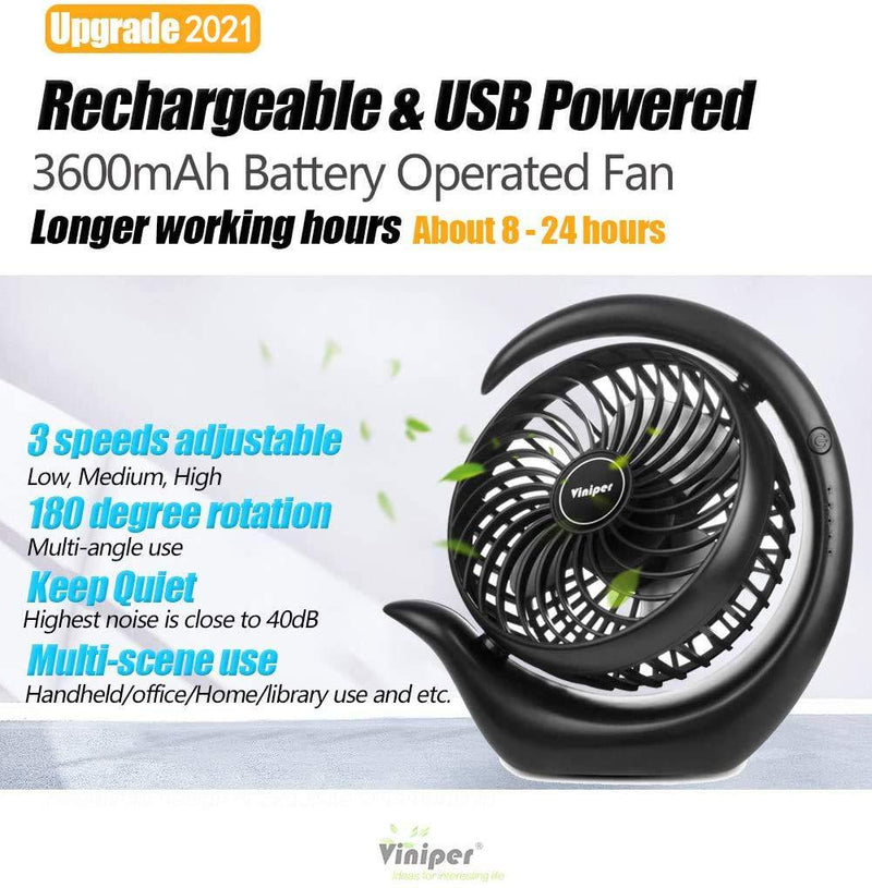 viniper Battery Operated Fan, Small Desk Fan : 3 Speeds & 8-24 Hours Longer Working, 180° Rotation, Optimised Portable USB Rechargeable Fan , Small but Mighty, for Home/Office (6.2 inch, Black) 6.2 inch