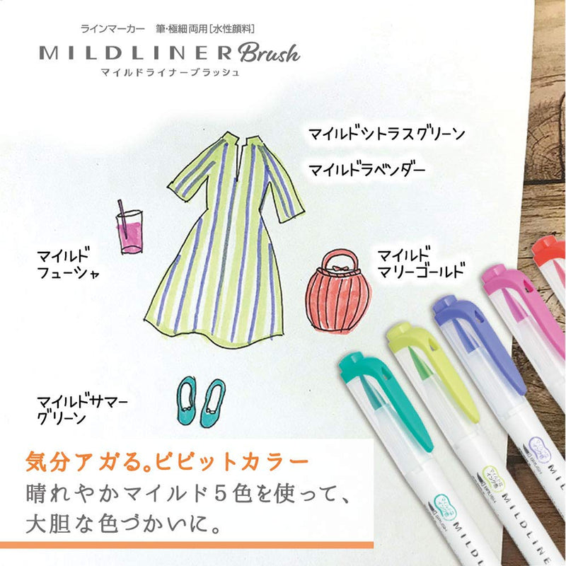 ZEBRA Highlighter Mildliner Brush, 5 Friendly Color Set (WFT8-N-5C)