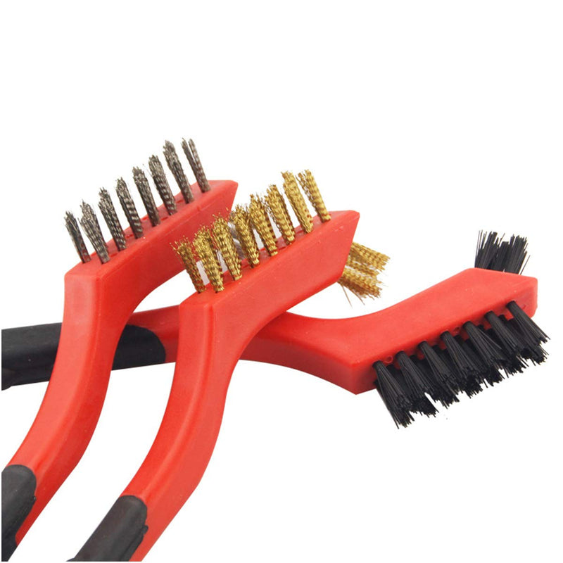 LGEGE 3-Piece Cleaning Brush Detailing Wire Brush Set Brass Stainless Steel and Nylon Brush Head Heavy Duty Crimp Scratch Brush Extra clusters of bristles for hard-to-reach areas