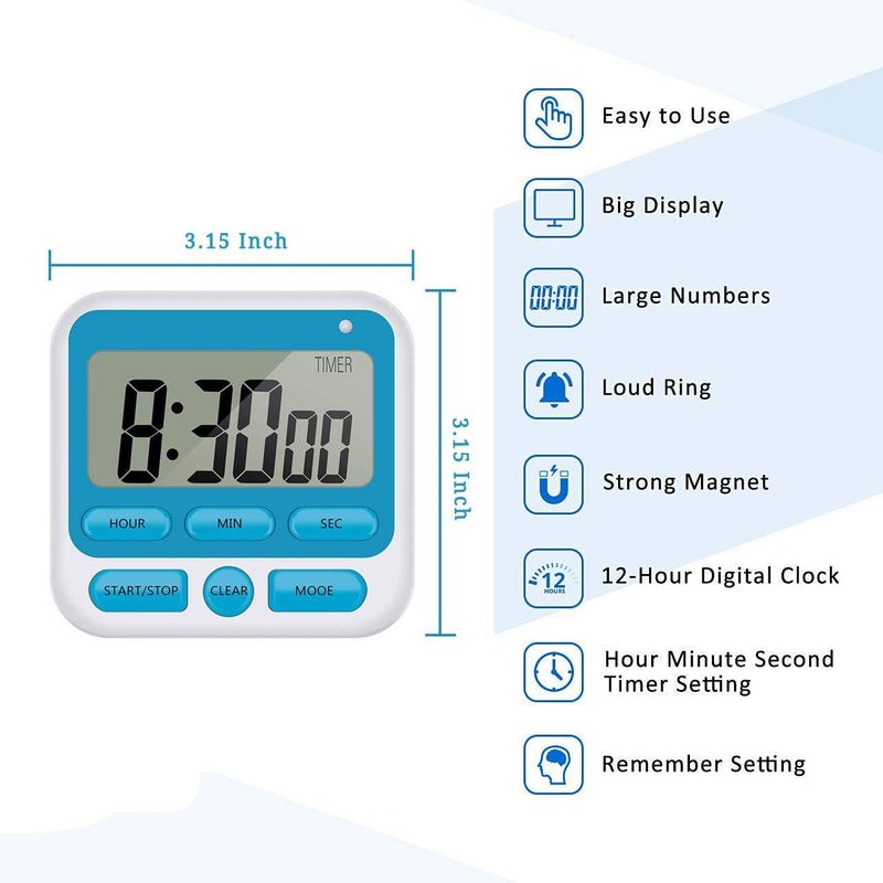 24-Hours Digital Kitchen Timer, Upgraded 12-Hour Display Clock, Big Digits, Loud Alarm, Magnetic Backing Stand, Count-Up & Count Down, Kids Timers for Cooking Baking Classroom Teachers Games(4 Pack) W+b+p+g