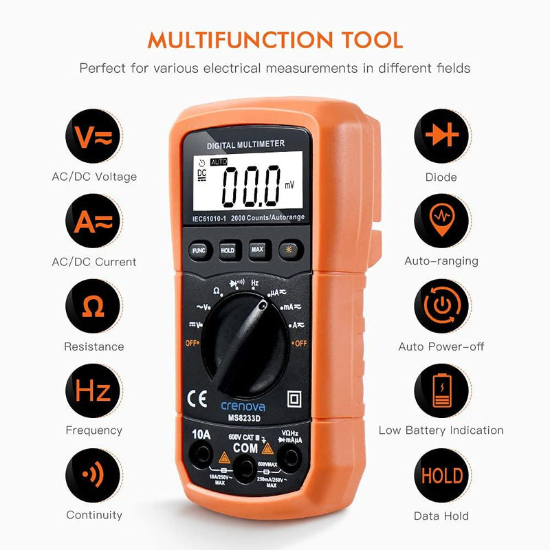 Crenova MS8233D Auto-Ranging Digital Multimeter Home Measuring Tools with Backlight LCD Display