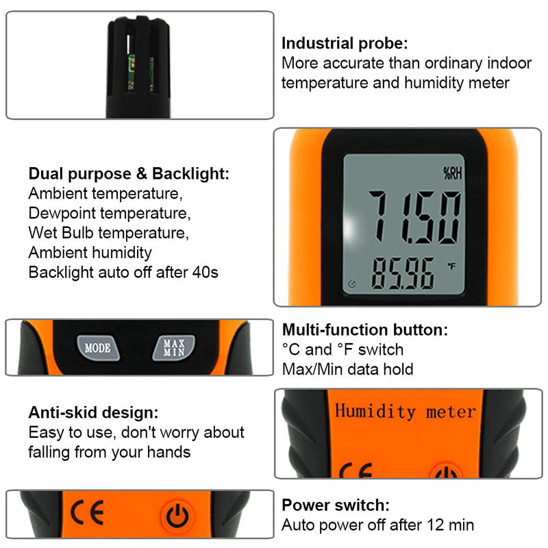 Digital Psychrometer Thermo-Hygrometer with Backlight, ERAY Temperature and Humidity Gauge Meter Thermometer Hygrometer with Dew Point and Wet Bulb Temperature, 9V Battery Included Orange