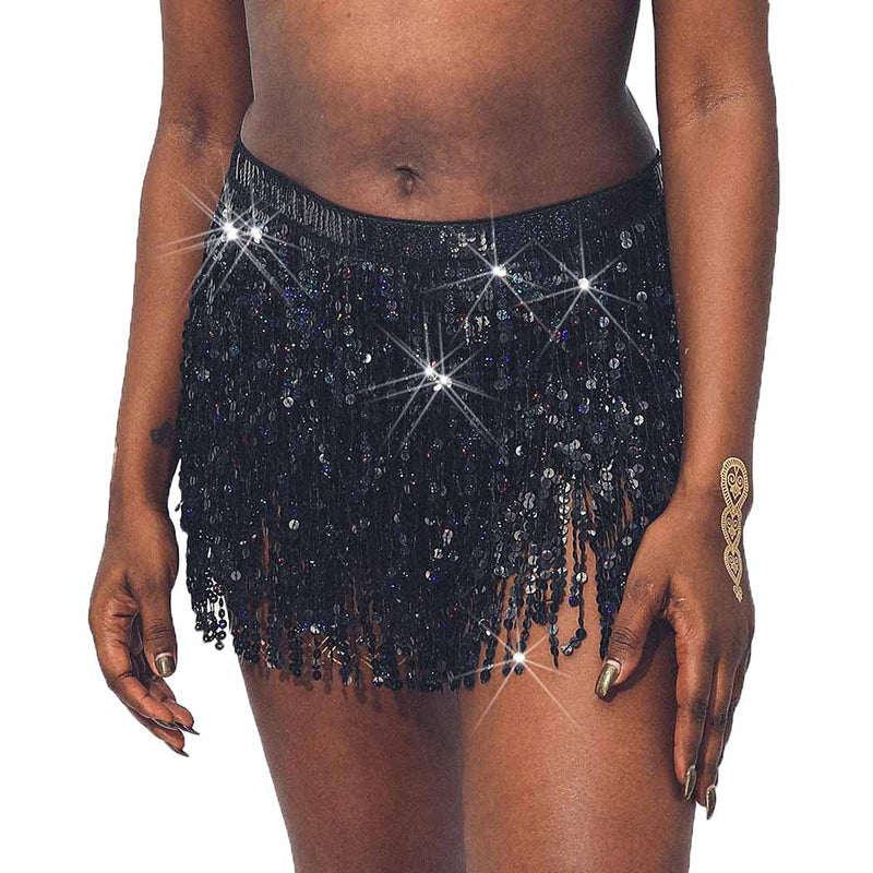 Zoestar Boho Sequin Tassel Hip Scarf Multilayer Belly Dance Belt Dance Performance Skirt for Women and Girls Black