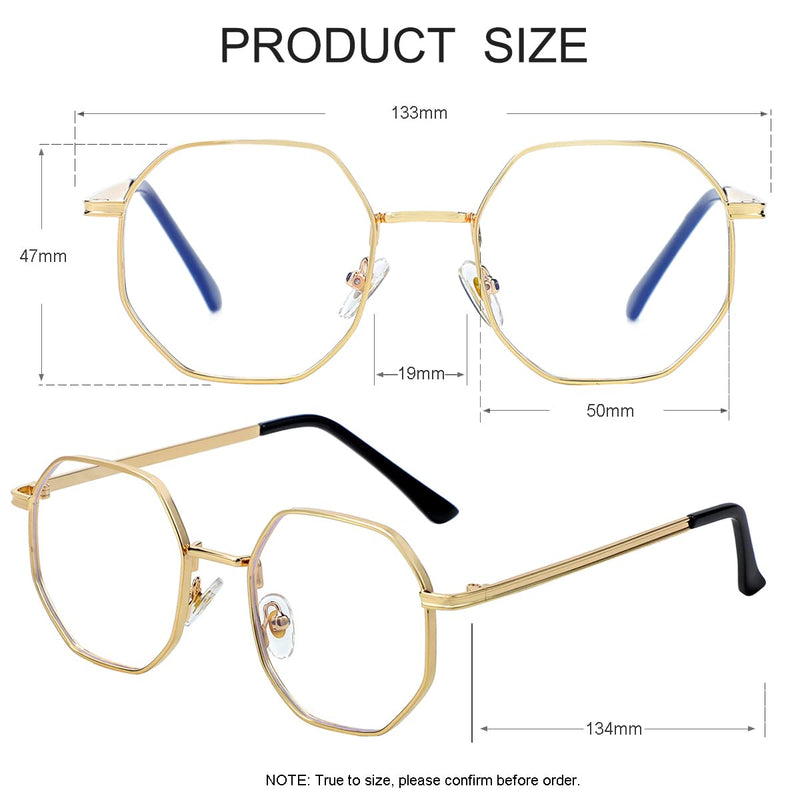JOVAKIT Polygon Blue Light Blocking Glasses for Women Men Vintage Octagon Square Non-prescription Metal Eyeglasses Gold 50 Millimeters
