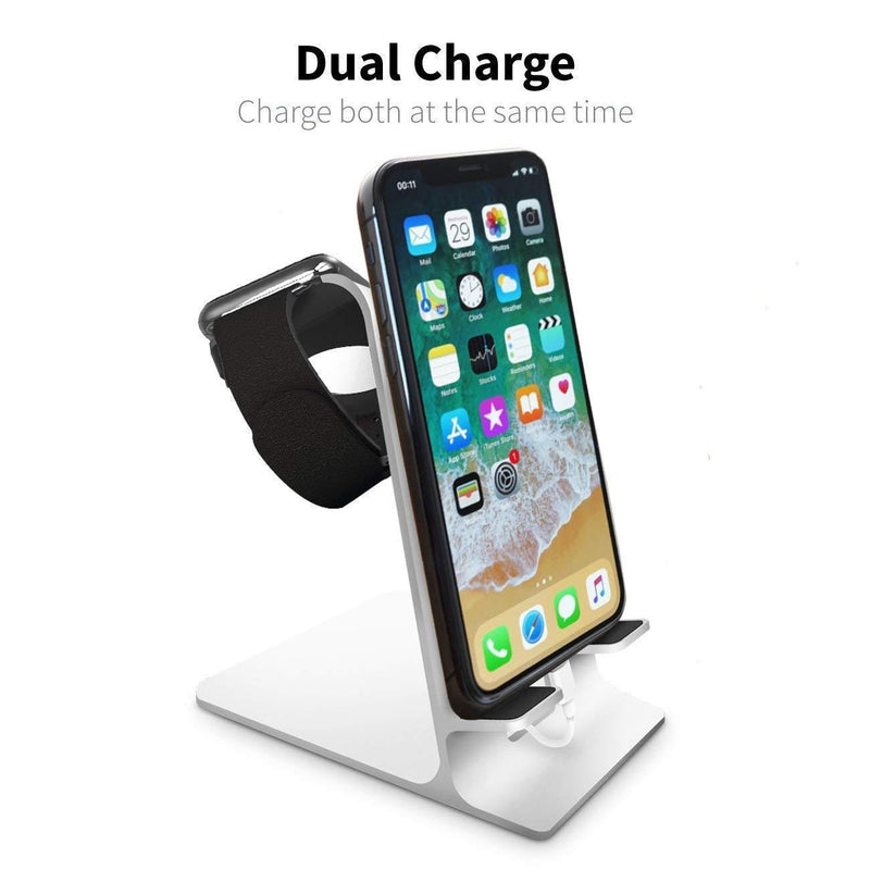 Orzly Duo Stand for Apple Watch - Aluminium Desk Stand Becomes a Fully Functional Charging Dock for Both AppleWatch & iPhone Simultaneously (Grommet Charger & Lightning Cable not Included) - Silver