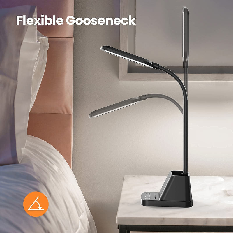 LED Desk Lamp with USB Charging Port, AXX Desk Lamps for Home Office, Small Desk Light for Desktop, Office Lamp for Desk Reading, Black, 650LM, Gooseneck, Pen Holder, Study Lamps for College Dorm Room