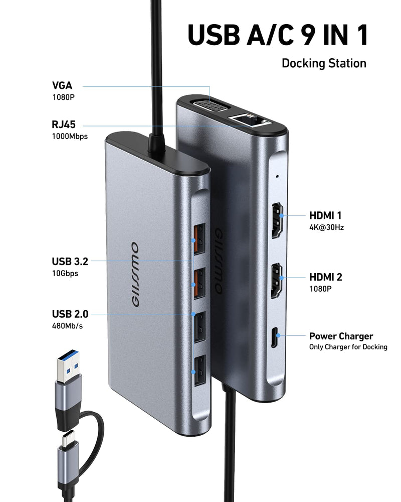 USB Docking Station Dual Monitor, GIISSMO 9-in-1 USB A 3.0 / USB C Docking Station Triple Monitor with 2 HDMI,VGA, 10Gbps USB 3.1, Gigabit Ethernet, Triple Display for Mac & MacBook & Windows Laptop Grey