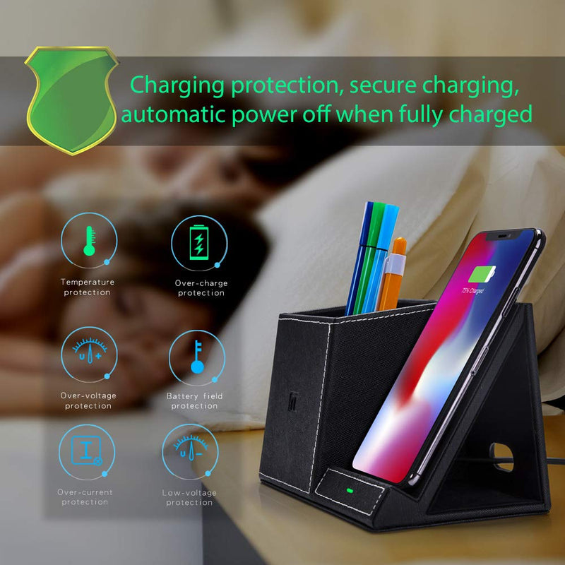Desk Supplies Organizer, Multi-Functional Pencil Pen Holder with Wireless Charger, Desktop Stationery Organizer, Home Office Supply Storage Box Caddy (Black)