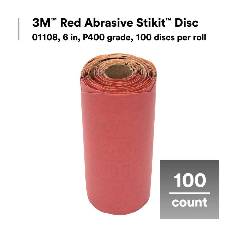 3M Red Abrasive Stikit Disc, 01108, 6 in, P400 grade, 100 discs per roll Backing Weight -A Weight