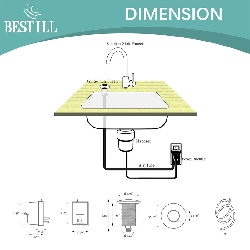 BESTILL Garbage Disposal Air Switch, Matte Black Sink Top On/Off Switch for Food Waste Disposer, Full Stainless Steel Button, SHORT/2.8” SHORT/2.8"