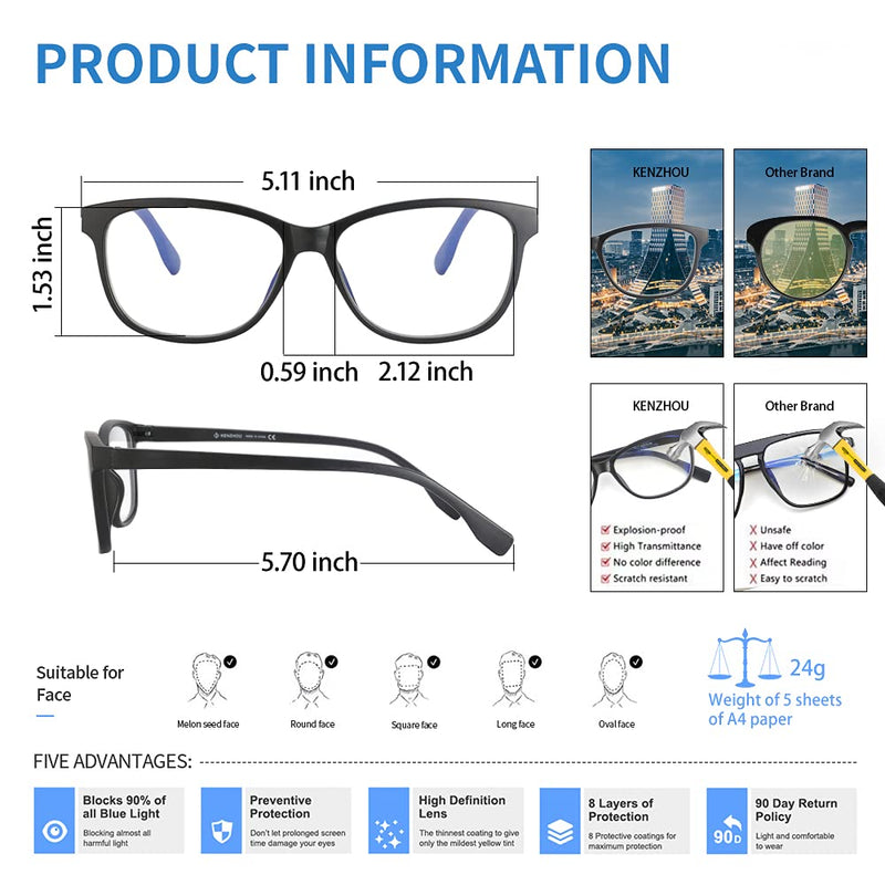 K KENZHOU Blue Light Glasses, Blue Light Blocking Glasses 1 Pack - Computer Glasses Gaming Glasses for UV Light, Anti Glare, Eyestrain for Unisex/Men/Women with Spring Hinges(Matte Black)