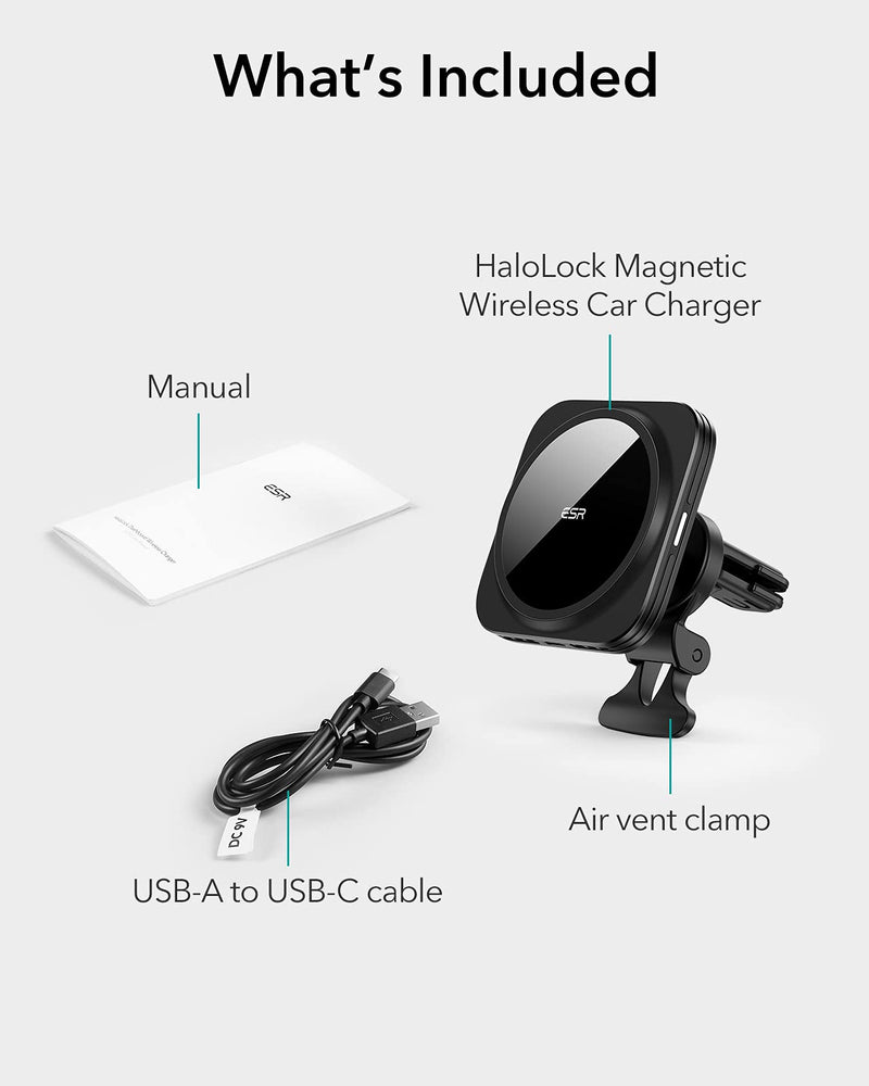ESR HaloLock Magnetic Wireless Car Charger, Fast Charging, Compatible with MagSafe Car Charger, Air Vent Mount Compatible with iPhone 12/12 Pro/12 mini/12 Pro Max, Black