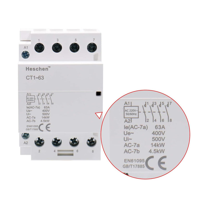 Heschen Household AC Contactor CT1-63 4 Pin Open AC 220V/240V Coil Voltage 35mm DIN Rail Mounting
