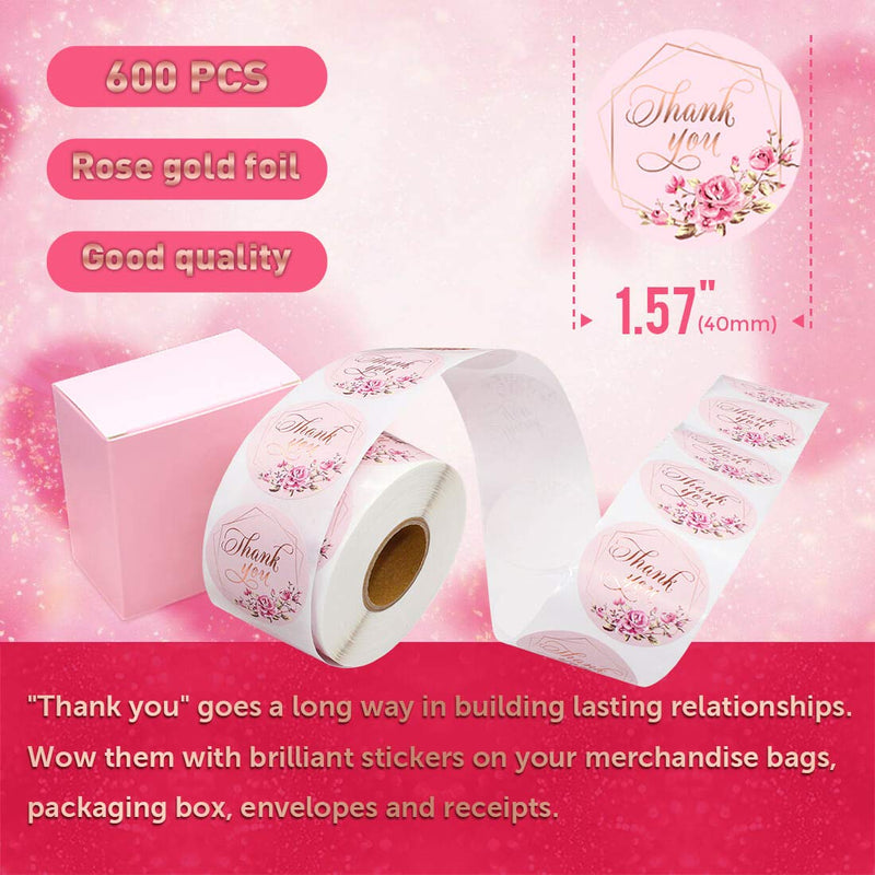 600 pcs Pink Rose Gold Thank You Stickers Roll, Ozest 1.57 Inch Thank You Labels for Birthday, Weddings, Giveaways, and Small Business Owner