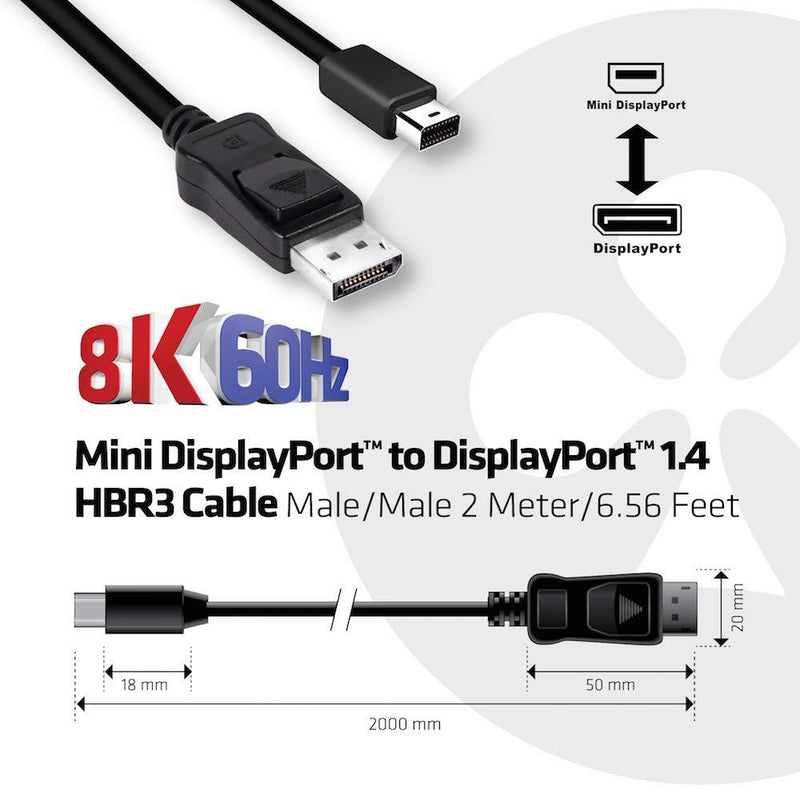 Club3D CAC-1115 Mini DisplayPort to DisplayPort 1.4/HBR3 Cable Male/Male, HDR Support 2 Meter/6.56 Feet, Black Vesa Certified DP 1.4 to mDP 1.4 2m/6.56ft