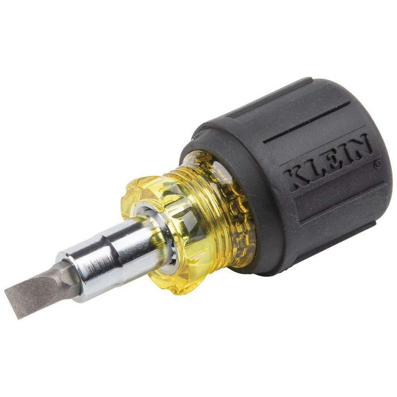 Klein Tools 6-in-1 Multi-Bit Screwdriver / Nut Driver, Stubby 32561 Yellow/Black, 3/16-Inch and 1/4-Inch Slotted, #1 and #2 Phillips, 1/4-Inch and 5/16-Inch Nut Drivers