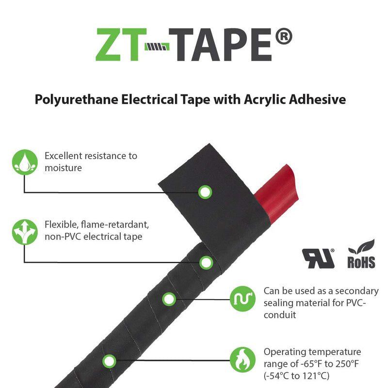 ZT-Tape, PVC-Free Electrical Tape, Fire-Resistant, Chemical-Resistant, and Abrasion-Resistant, Polyurethane Tape, 1” Wide x 15’ Long Roll Black