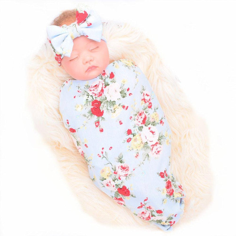 Newborn Receiving Blanket Headband Set Flower Print Baby Swaddle Receiving Blankets Galabloomer Light Blue