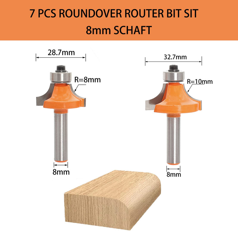 Sinoprotools 7 piece rounding cutter and quarter bar cutter set, 8mm shank round cutter & radius cutter, rounding cutter router with ball bearing, edge cutter/milling table radius 2-3-4-5-6-8-10 (set of 7) 7-piece rounding cutter shaft 8mm