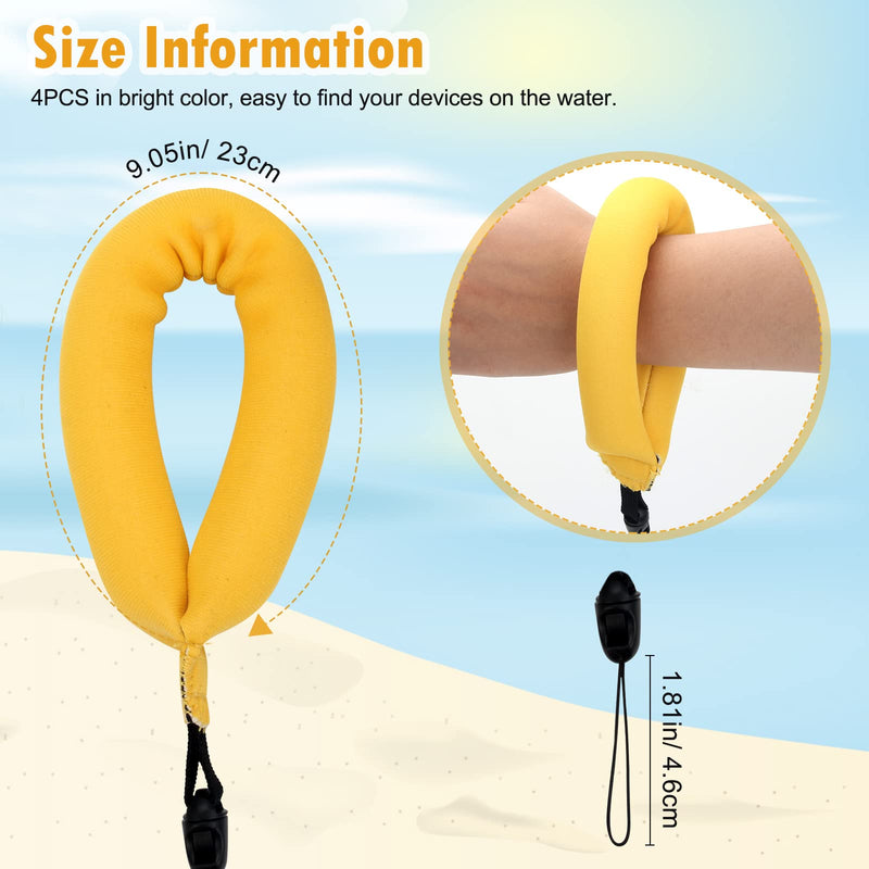 4 Pack Waterproof Camera Floats, AngleKai Yellow Floating Camera Strap, Portable Waterproof Camera Float Strap for Underwater Camera Floating Wrist Strap