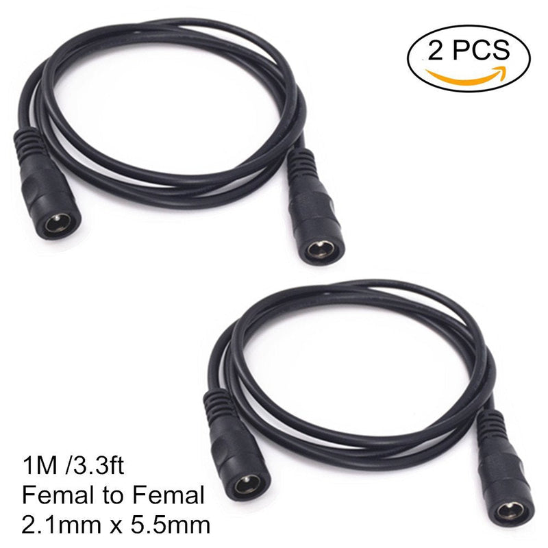 DZYDZR 2pcs 1 Meter 2.1mm x 5.5mm DC 12V Adapter Cable DC Plug Extension Cable Female to Female Black, for LED, CCTV, Car, Monitors, and More (3.3ft)