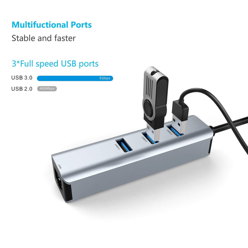 USB 3.0 to Ethernet Adapter,ABLEWE 3-Port USB 3.0 Hub with RJ45 10/100/1000 Gigabit Ethernet Adapter Support Windows 10,8.1,Mac OS, Surface Pro,Linux,Chromebook and More