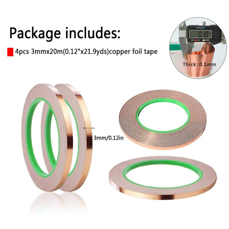 4 Pack Copper Foil Tape,Copper Tape Double-Sided Conductive Adhesive for EMI Shielding,Paper Circuits,Electrical Repairs,Grounding(1/8"x21.9yards)