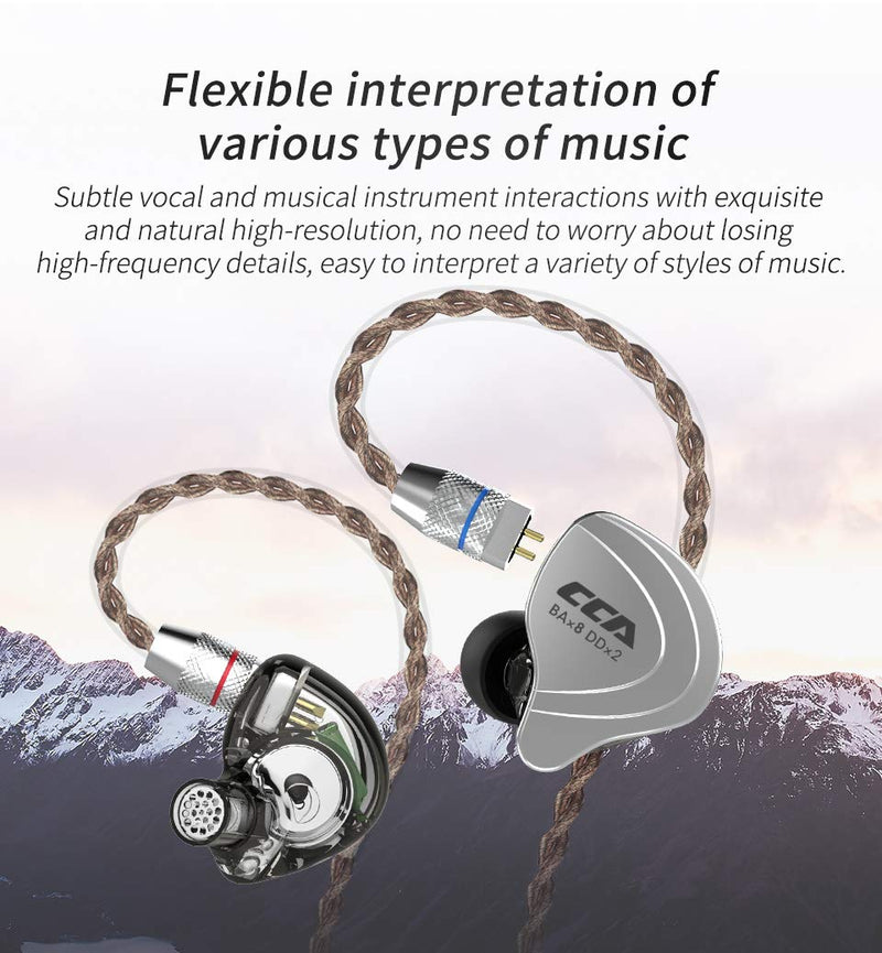CCA C10 Five Drivers Hybrid in Ear Monitors in Each Side，HiFi 4BA 1DD High Resolution Earphones/Earbuds with 3.5mm Gold Plated Plug Detachable Cable 2pin 0.75mm Wired Earbuds(Black Without mic) No Mic C10 Black