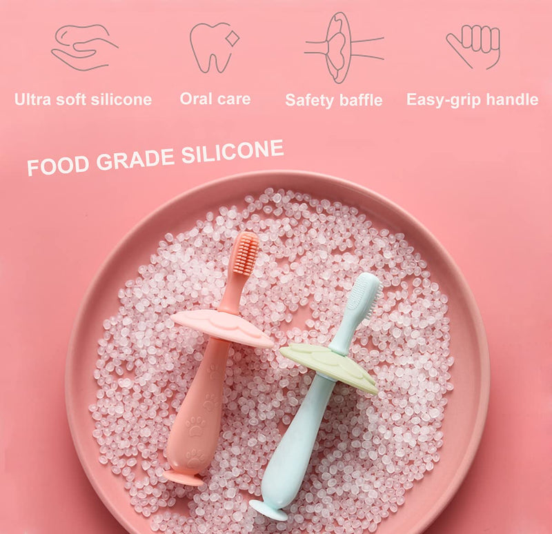 Baby Toothbrush Toddler Training Toothbrush Teether with 3 Brush Head, Extra Soft Finger Toothbrush for Infant/Children's Oral Hygiene, Food Grade Silicone, Anti-Choking Baffle - 2 Pack