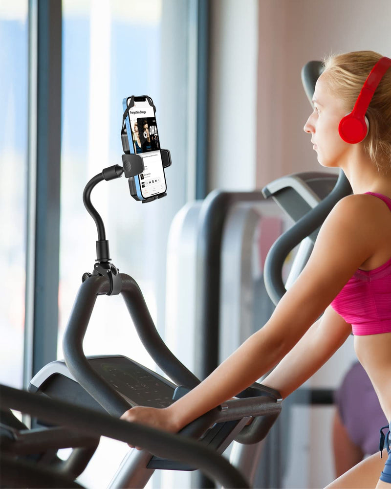 woleyi Gooseneck Spin Bike Phone Mount, Handlebar Clip Cell Phone Holder for Exercise Bicycle, Stationary Cycling, Stroller, Gym Treadmill, Mic Stand, for iPhone 14 Pro Max/13/12, S10, 4-7" Smartphone