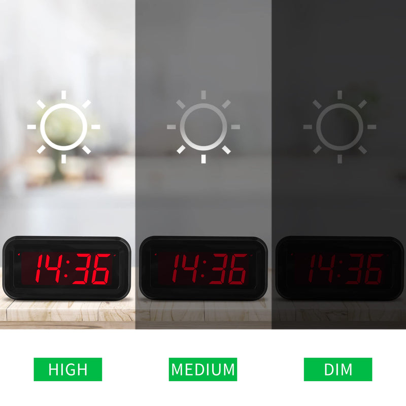 KWANWA Alarm Wall Small Clock, Battery Operated, Adjustable 3-Level Led Brightness, Dim Night Model, 12/24Hr, Cordless, Constantly 1.2'' Red Digits Display for Bedroom/Travel Black Case-red Led