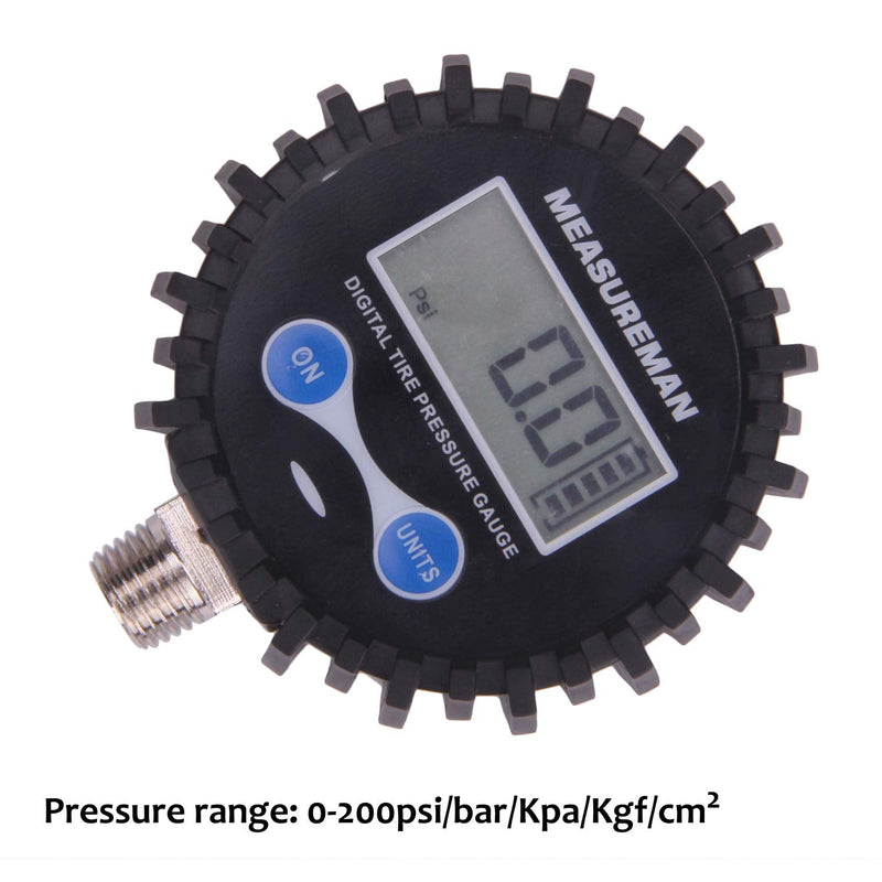 MEASUREMAN 2-1/2" Dial Size Digital Air Pressure Gauge with 1/4'' NPT Bottom Connector and Protective Boot, 0-200psi, Accuracy 1%, Battery Powered with LED Light 2.5" 1/4"NPT lower Short thread 0-200psi