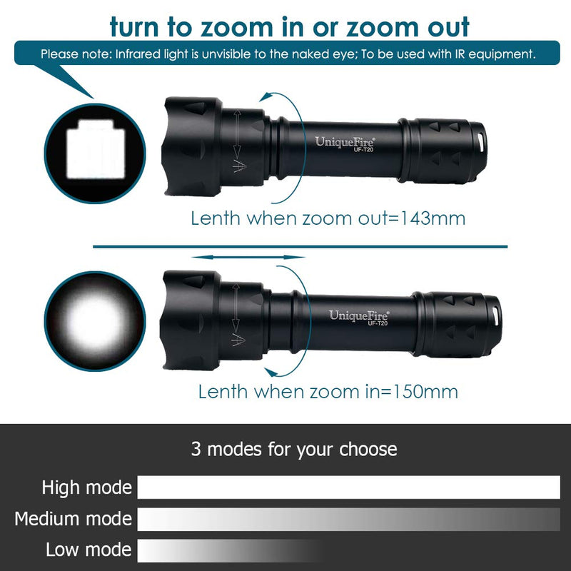 UniqueFire T20 850nm Flashlight, 5W IR Illuminator, Infrared Light, Night Vision Adjustable Focus LED Flashlight, 3 Modes IR Torch with Memory Function for Night Vision Devices