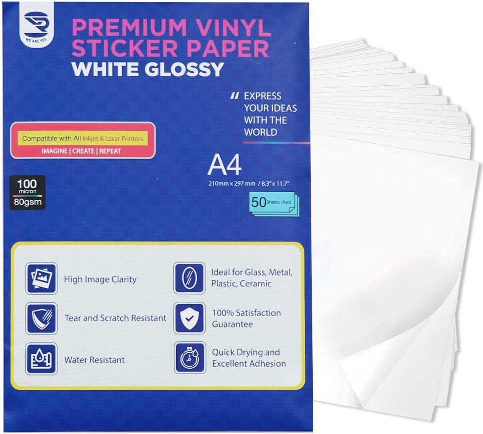 Premium Printable Vinyl Sticker Paper - 50 Sheets Glossy White Waterproof Decal Paper for Inkjet Printer Vivid Colors Self-Adhesive Labels Crafts DIY Project Standard Full Letter Size 8.5"x11"