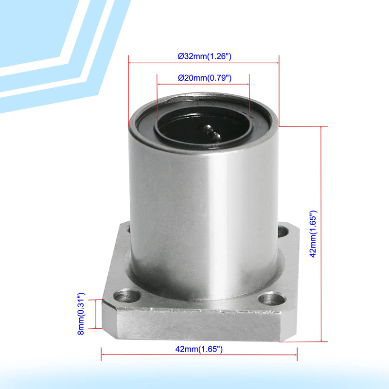 Aopin LMK20UU Square Flange Linear Motion Ball Bearing, ID 20mm, OD 32mm Linear Ball Bearings Sae52100 Carbon Steel, 5 Rows of Steel Balls, Great for CNC, 3D Printer, Linear Rail Guide 1