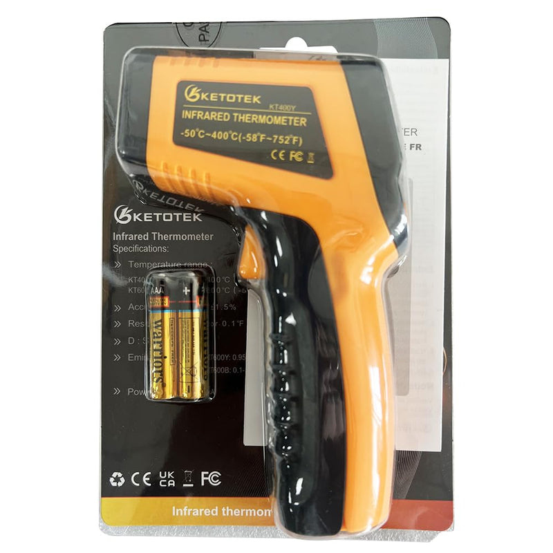 KETOTEK Infrared Thermometer Laser Digital IR Pyrometer Non-Contact Temperature Gun -50°C to 400°C Temperature Meter for Cooking Barbecue Freezer Industry Food Orange