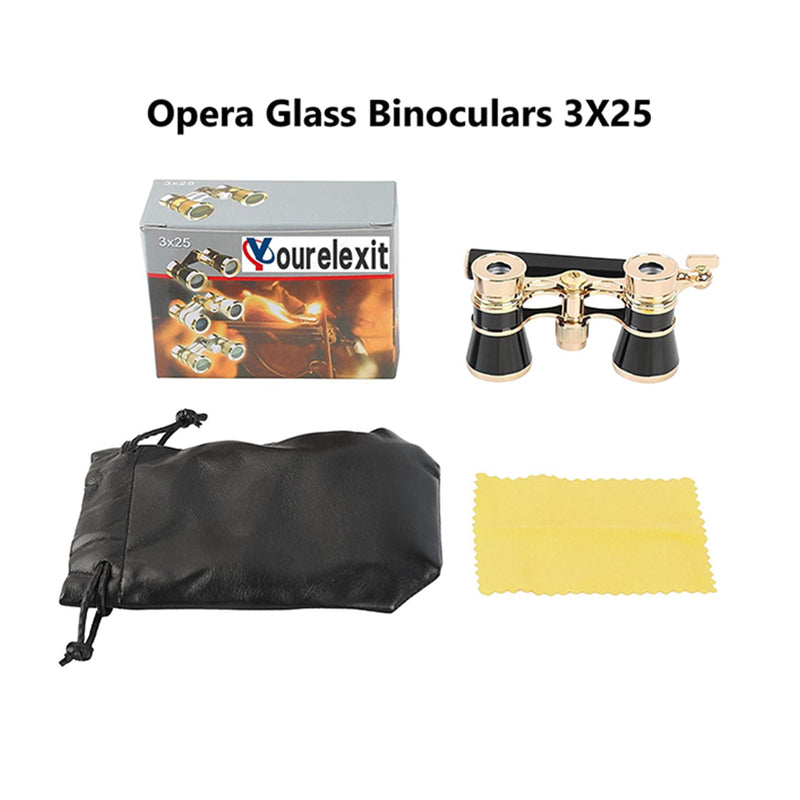 Yourelexit® Opera Glasses Binoculars 3X25 Lorgnette Theater Glasses Optical BK9 Mini Compact Lightweight Built-in Foldable Adjustable Handle Vintage for Adults Kids Women in Musical Concert Cinema White With Handle