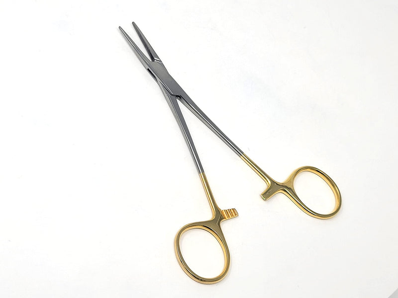 Mosquito Hemostat Locking Forceps 5" Straight with Full Serrated Jaws Ideal for Clamping, Fishing, Firefighters Nurses Doctors + More (Gold Handle) Gold Handle