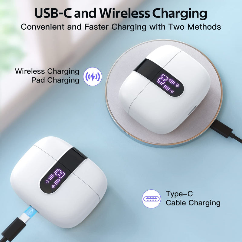 TAGRY Bluetooth Headphones True Wireless Earbuds 60H Playback LED Power Display Earphones with Wireless Charging Case IPX5 Waterproof in-Ear Earbuds with Mic for TV Smart Phone Computer Laptop Sports White