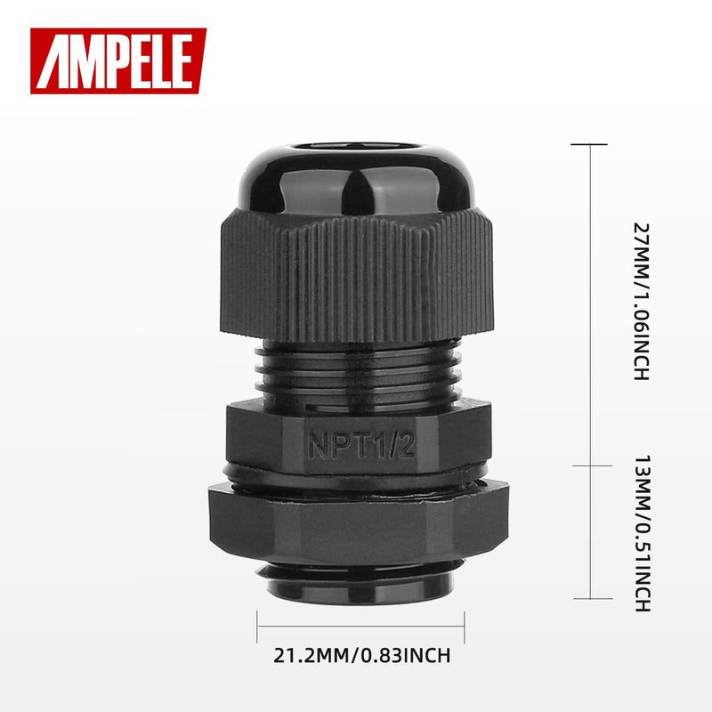 AMPELE 12 Pack 1/2'' NPT Cable Gland Waterproof Adjustable 6-12mm/0.24-0.47inch Nylon Cable Glands Joints with Gaskets (1/2", 12 Pack) 1/2'' (12-Pack)